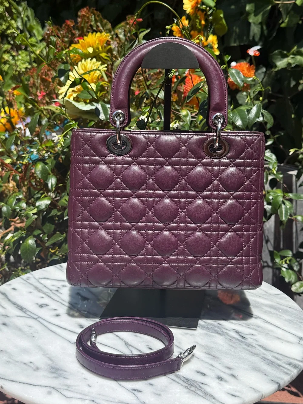 Christian Dior Quilted Leather Medium Lady Dior in Deep Plum Purple w/ Strap